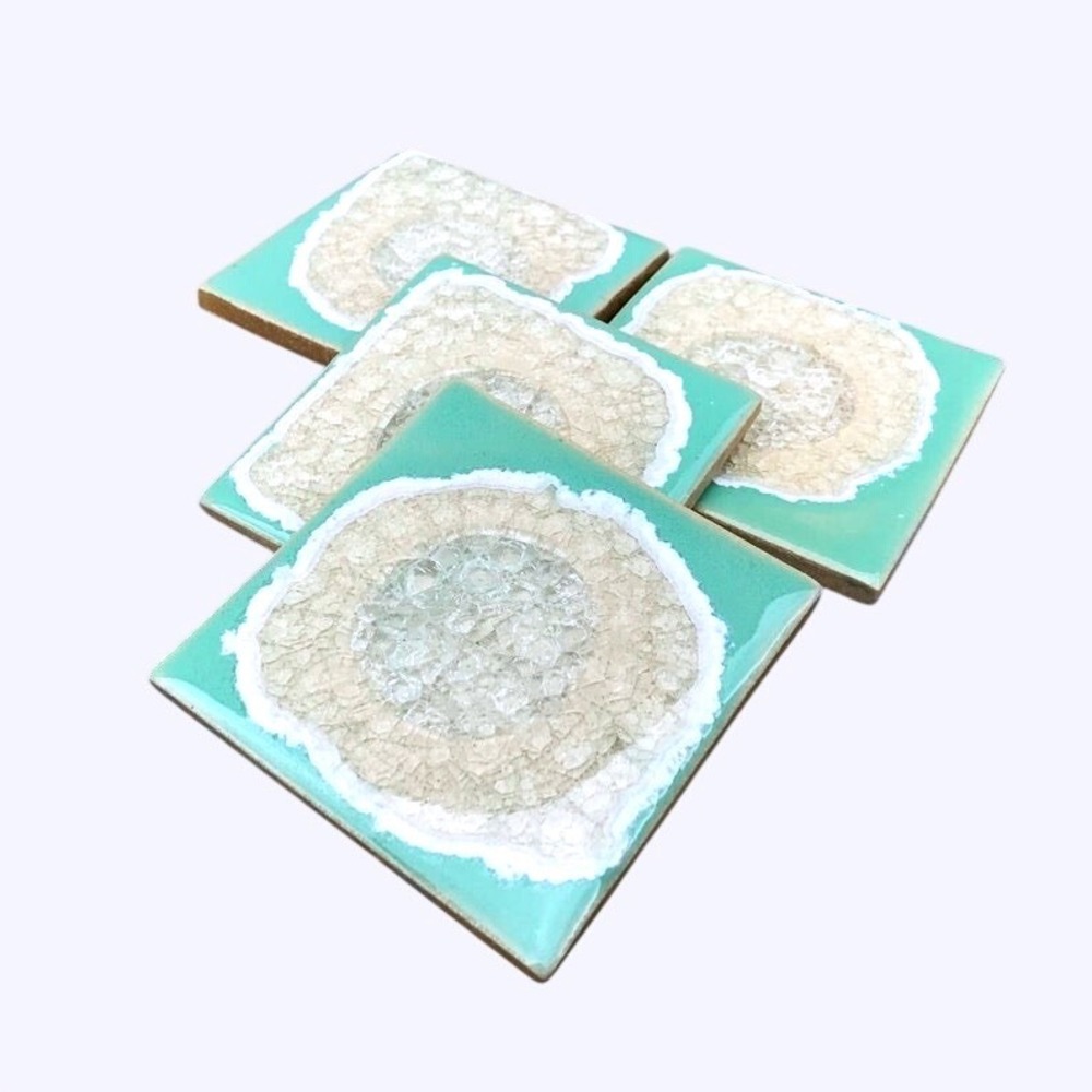 Dock 6 Ceramic Coasters 4x4 Turquoise Glass Geode Crackle Glaze Made USA Set 4